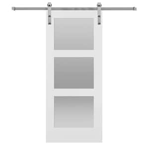 36 in. x 84 in. Shaker 3-Lite Frosted Glass Primed MDF Sliding Barn Door with Bent Strap Hardware Kit