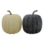 7 in. Black and Beige Fall Harvest Tabletop Pumpkins With a Brown Stem (Set of 2)