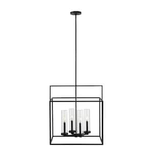 Haven View Modern 4-Light Black Double Frame Outdoor Chandelier with Clear Glass