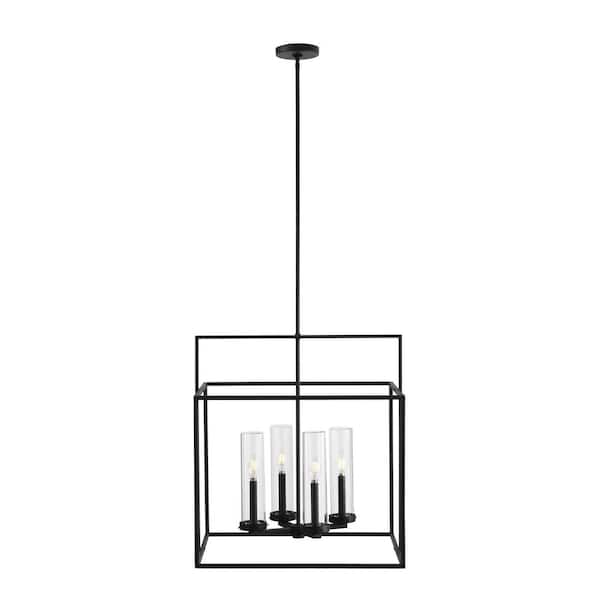 Home Decorators Collection Haven View Modern 4-Light Black Double Frame Outdoor Chandelier with Clear Glass