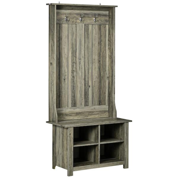 HOMCOM Gray Hall Tree with Shoe Storage Bench, Entryway Bench with Coat Rack, Accent Coat Tree with Adjustable Shelves