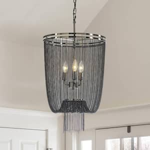 3-Light W16in Industry Modern Metal Chainmail Tassel Chandelier in Brush Black Nickel Finish