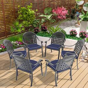 Black Stackable Cast Aluminum Patio Outdoor Dining Chairs with Random Color Seat Cushions (Set of 6)