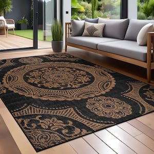 Waikiki Gold/Black 9 ft. x 12 ft. Medallion Indoor Outdoor Area Rug