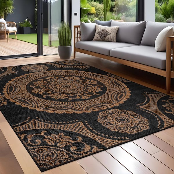 Waikiki Gold/Black 9 ft. x 12 ft. Medallion Indoor Outdoor Area Rug