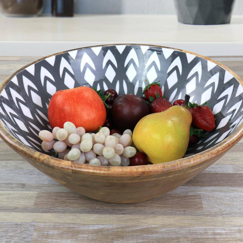 Large Gray Mango Wood Serving Bowl with Enamel Finish