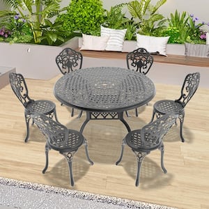 Orchid Black 7-Piece of Cast Aluminum Outdoor Patio Dining Set with 48.03 in. Round Table and Armless Chairs