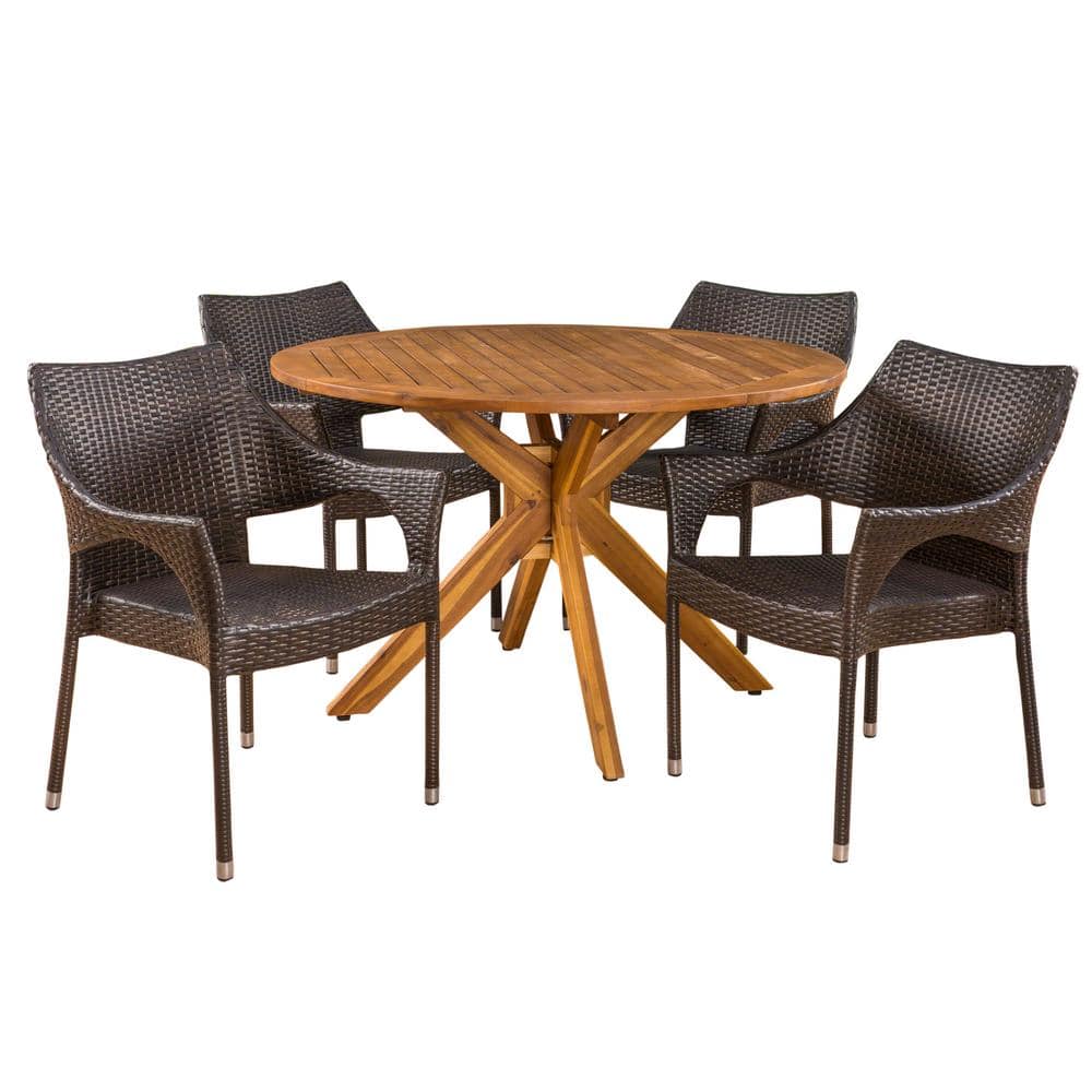 Kaleb 5-Piece Wood and Faux Rattan Round Outdoor Dining Set with Stacking Chairs -  Noble House, 41630