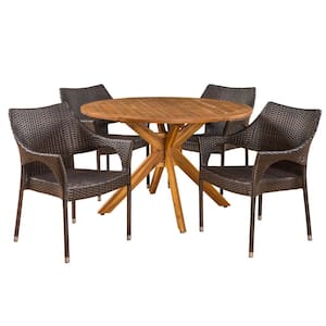 Kaleb 5-Piece Wood and Faux Rattan Round Outdoor Dining Set with Stacking Chairs