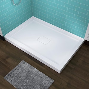 48 in. x 32 in. Double Threshold Left Corner Shower Pan Base with Center Drain in White