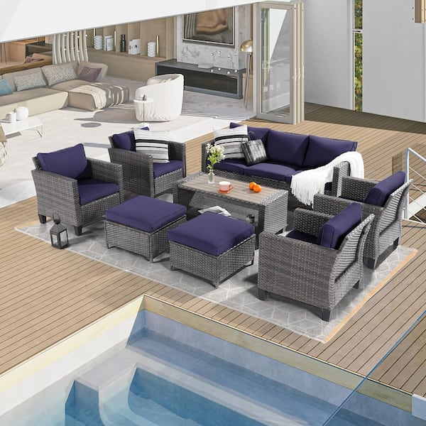 8-Piece Gray Wicker Patio Sofa Set Outdoor Furniture Set with Ottomans and Coffee Table, Navy Blue