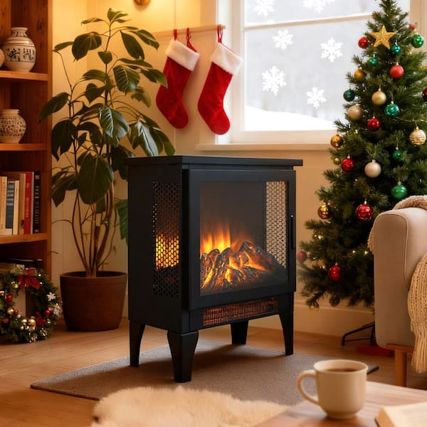 14.2 in. Freestanding Sheet Metal with Infrared Quartz Electric Fireplace with 3D Flame in Antique Black