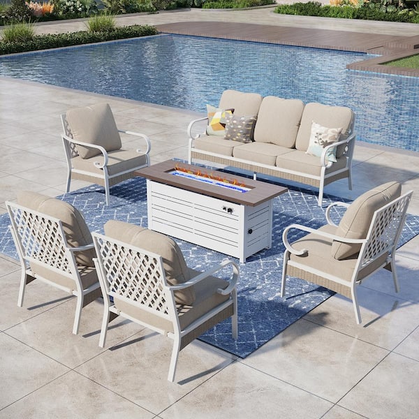 PHI VILLA White 6-Piece Metal Outdoor Patio Conversation Seating Set with 50000 BTU Propane Fire Pit Table and Beige Cushions