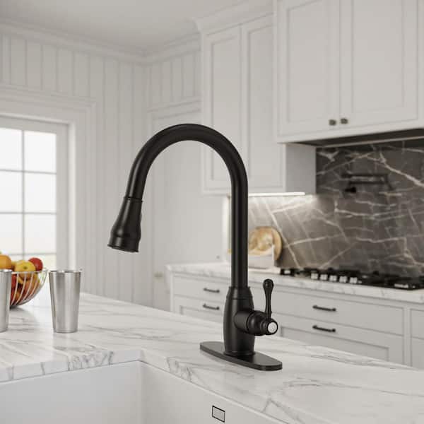 16. 6 in. Single Handle Pull Down Sprayer Hot and Cold Kitchen Faucet 360° Spout Swivel with Deckplate in Matte Black