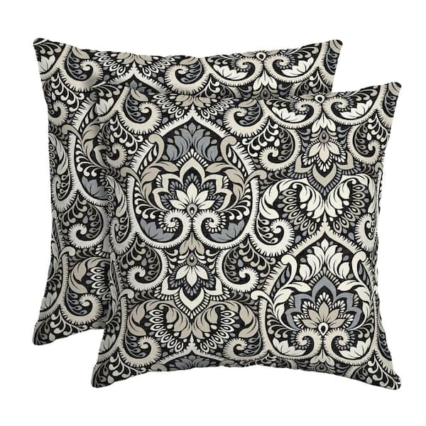 ARDEN 16 in. x 16 in. Black Aurora Damask Outdoor Square Pillow (2-Pack)