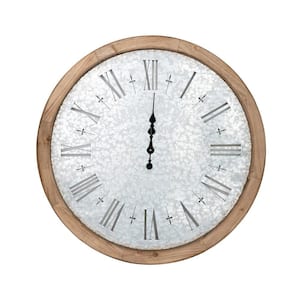 Gray Rustic Metal Decorative Oversized Wall Clock with Brown Fir Wood Frame and Large Numerals for Living Room