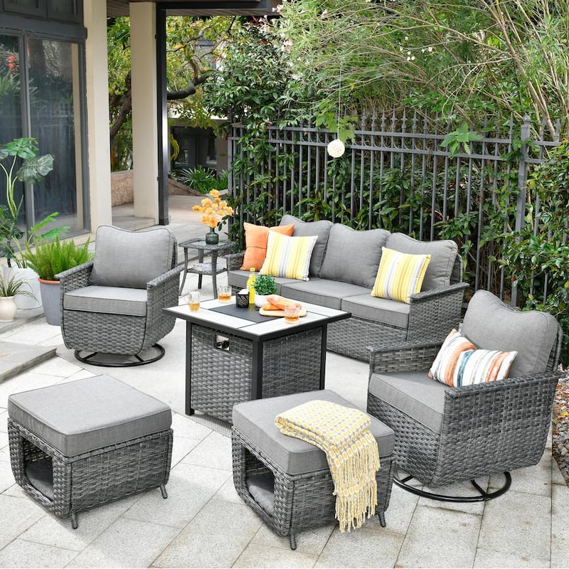 Fortune Dark Gray 7-Piece Wicker Patio Fire Pit Conversation Set with Dark Gray Cushions and Swivel Chairs