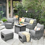 Fortune Dark Gray 7-Piece Wicker Patio Fire Pit Conversation Set with Dark Gray Cushions and Swivel Chairs