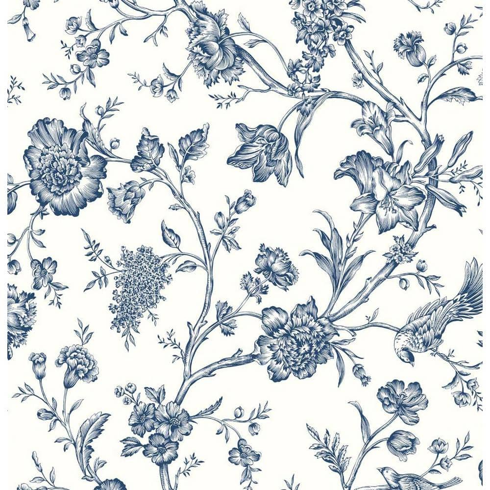 NextWall 40.5 sq. ft. Navy Blue Jasmine Chinoiserie Vinyl Peel and ...