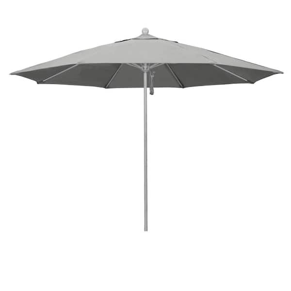 11 ft. Grey Woodgrain Aluminum Market Patio Umbrella with Fiberglass Ribs Pulley Lift in Granite Sunbrella