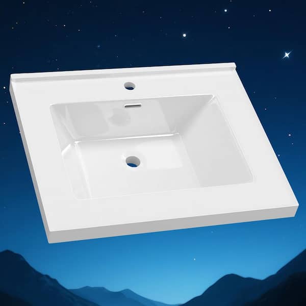 30 in. W x 22 in. D Solid Surface White Rectangular Single Sink Vanity Top with Backsplash and Basin 1 Hole Countertop