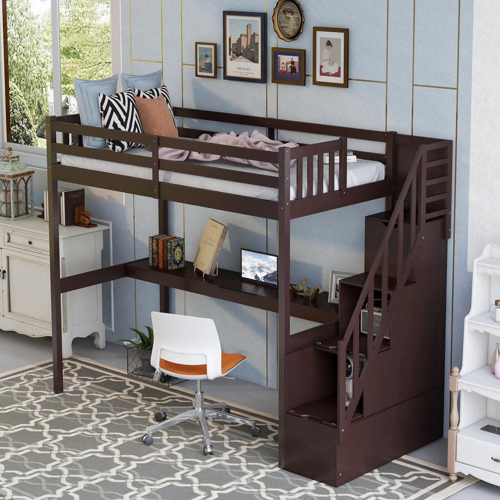 Espresso Twin Loft Bed with Desk and Storage Wood Loft Bed Frame with Staircase Storage Loft Bed for Boys Girls Teens price history on PriceWatchPro