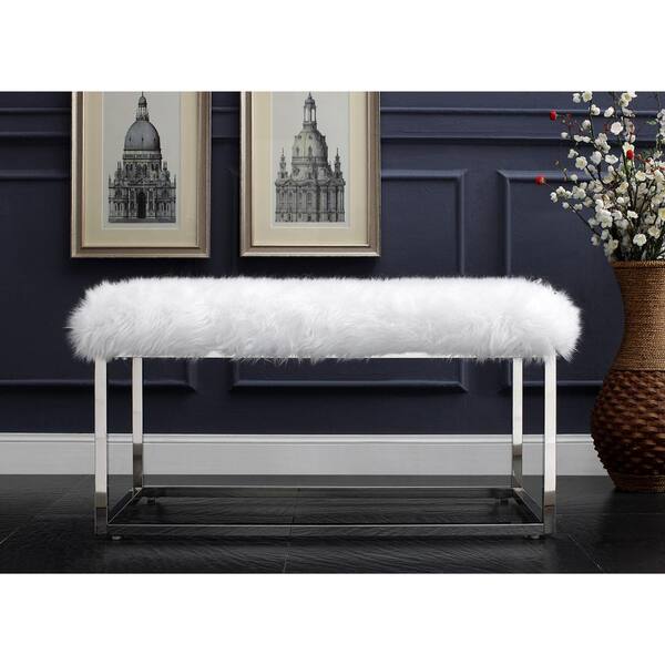 Inspired Home Verity White/Chrome Faux Fur Ottoman Bench with Metal Frame