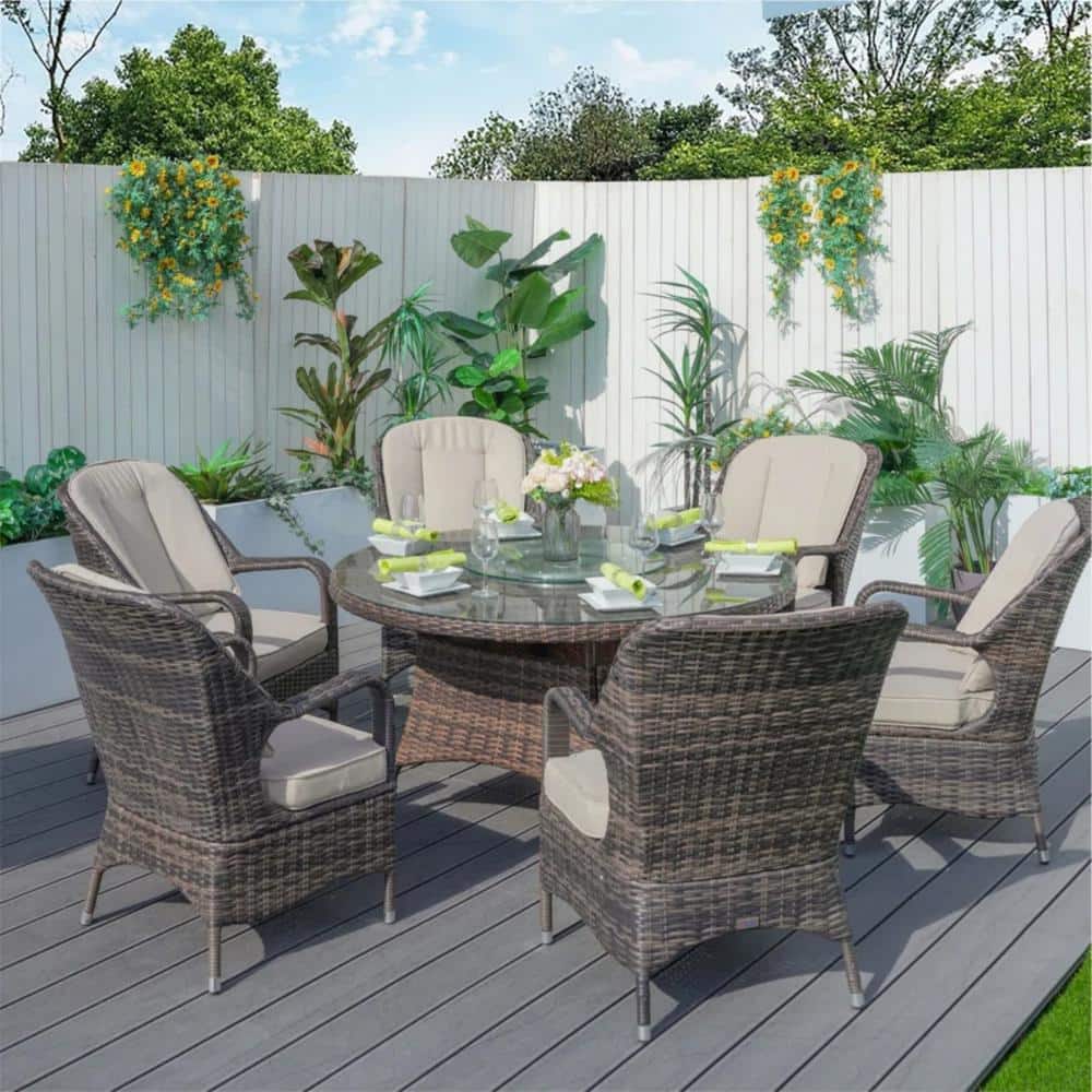 Lunas Brown 7-Piece Wicker Outdoor Dining Set with Beige Cushion price history on PriceWatchPro