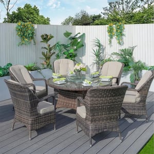 Lunas Brown 7-Piece Wicker Outdoor Dining Set with Beige Cushion