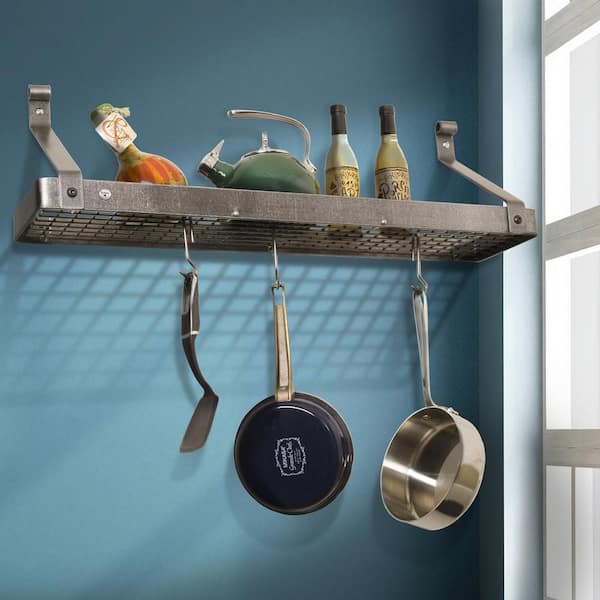 Handcrafted 30 in. Gourmet Bookshelf Wall Rack with 12-Hooks Hammered Steel