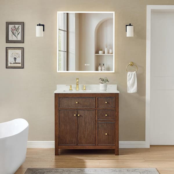 Pendry 36 in. Single Freestanding Dark Walnut with Brushed Gold Trim Bath Vanity with Carrara Cultured Marble Top