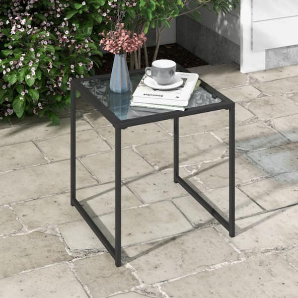 17 in. W Outdoor Side Table Square Tempered Glass Top Coffee Table with Black Metal Frame for Patio, Porch or Bistro
