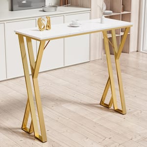 White 41.3 in. Wood and Metal Bar Table with Golden Double Pedestal and Adjustable Leg Pad