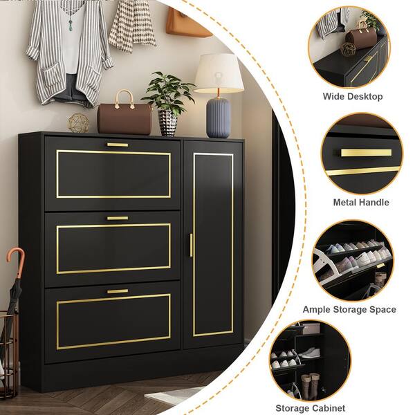 FUFU&GAGA 47.2 in. H x 47.2 in. W Wood Shoe Storage Cabinet Black Gold with 3-Drawers, 1-Cabinet for 27-Pairs