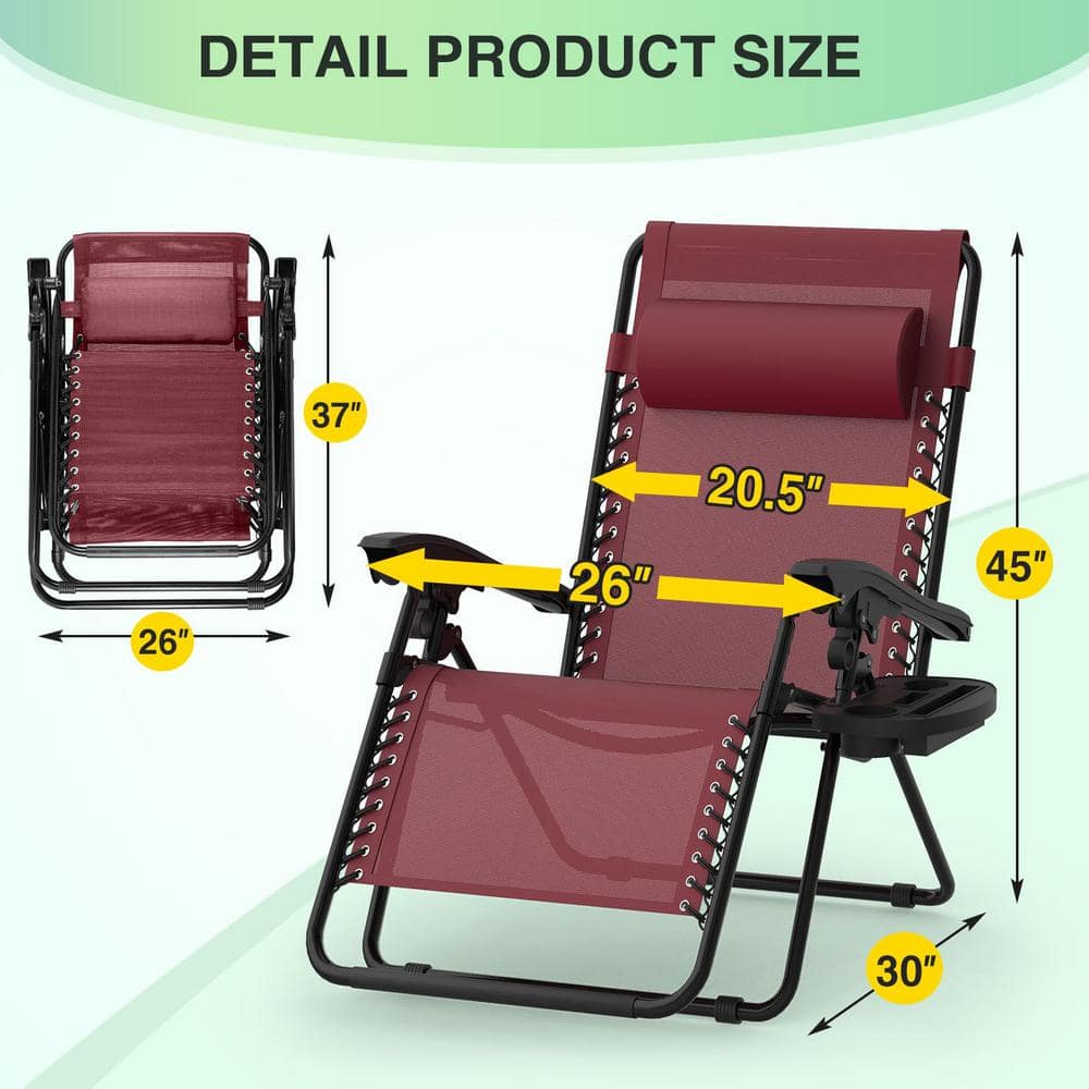 Claret Steel Zero Gravity Reclining Lounge Chair Set with Cup Holder