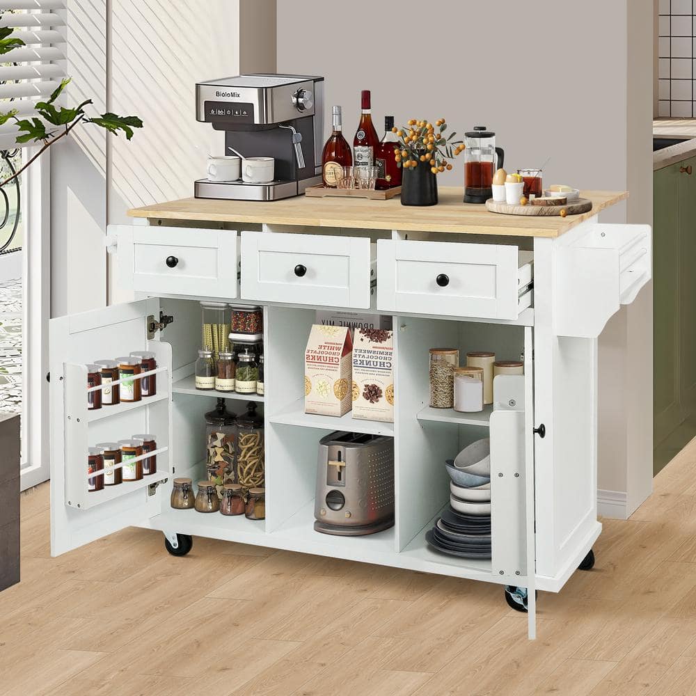 Nestfair White Wood 53 in. W Kitchen Island with Spice Rack and Towel Holder