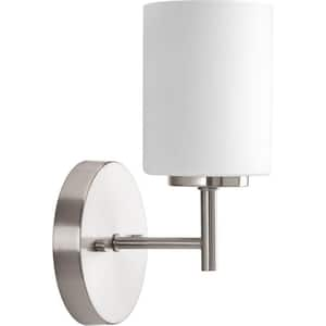 Replay Collection 5-1/4 in. 1-Light Brushed Nickel Etched White Glass Modern Bathroom Vanity Wall Light