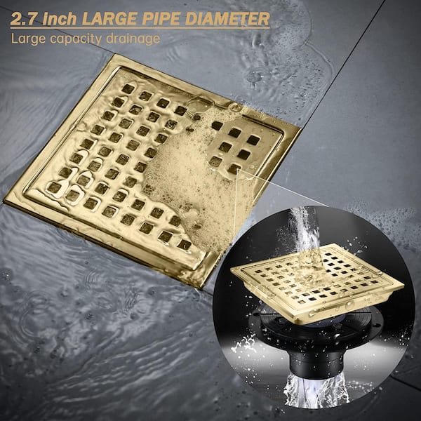 4 Inch Square Shower Floor Drain, 304 Stainless Steel Shower Drain Cover  Removable Grid Cover and Hair Filter Brushed CUPC Certified