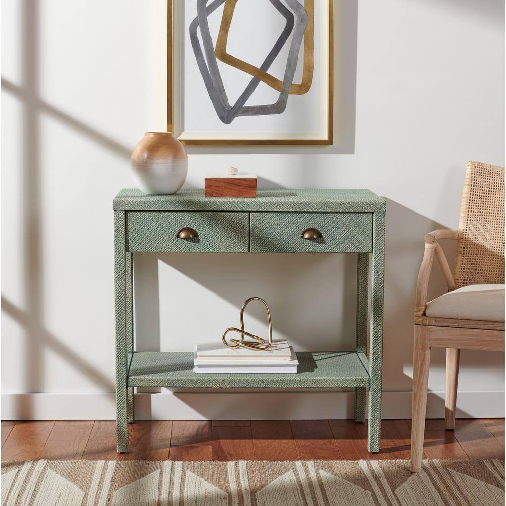 Turquoise and Antique Gold Wood Hallway Table with Storage