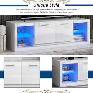 Modern TV Stand Fits TV's up to 70 in. with Tempered Glass Shelves and LED Color Changing Lights, White