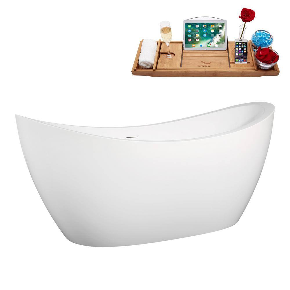 67" Matte White Acrylic Freestanding Slipper Tub with Polished Brass Trim