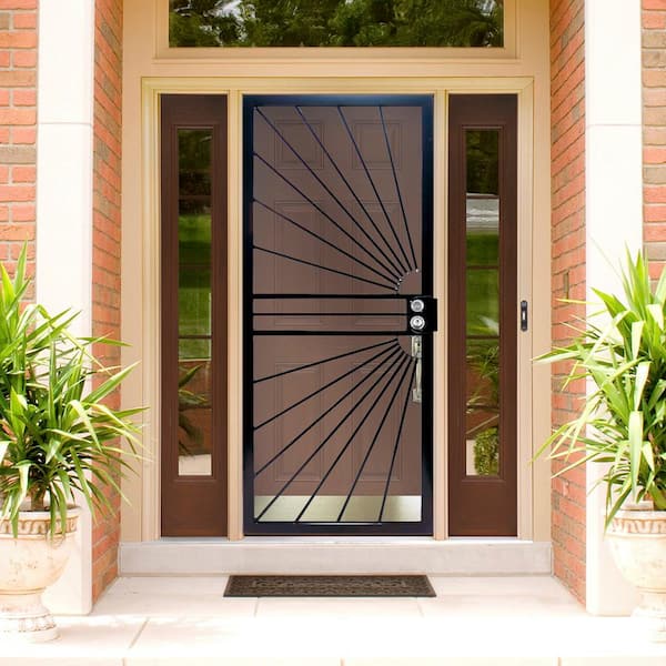 32 in. x 80 in. 469 Series Black Prehung Universal Hinge Outswing Sunburst Security Door