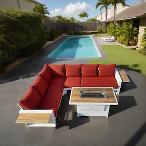 Denver 5-Piece Aluminum Outdoor Patio Fire Pit Deep Sectional Seating Set with Sunbrella Canvas Terracotta Cushions