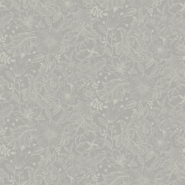 A-Street Prints Wilma Grey Floral Block Print Non Woven Paper Wallpaper Sample