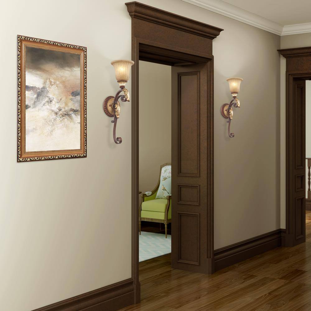 Verona Bronze and Gold Leaf Rustic Art Glass Sconce