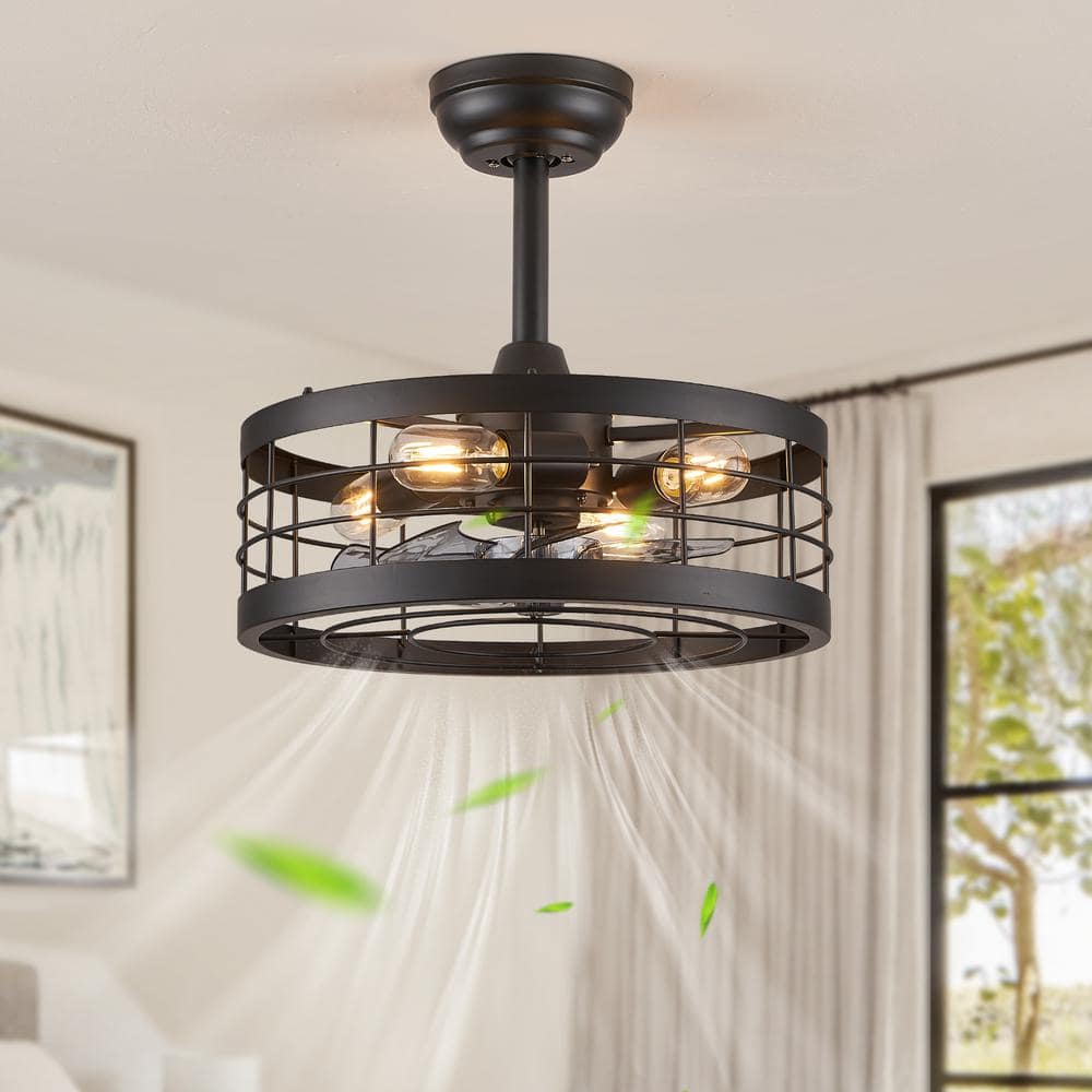 16.5" Matte Black Industrial Caged Ceiling Fan with Light and Remote