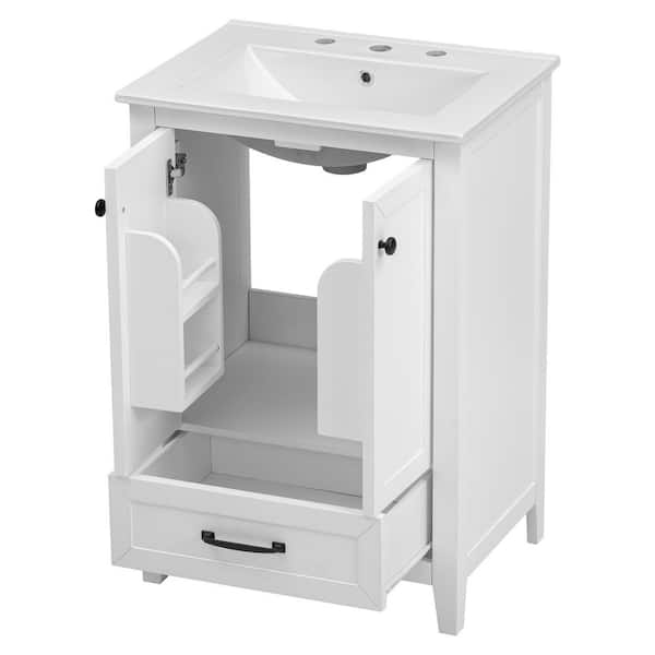 24 in. W in Single of Sink Freestanding Vanity White Bath Vanity with White Ceramic Top Basin