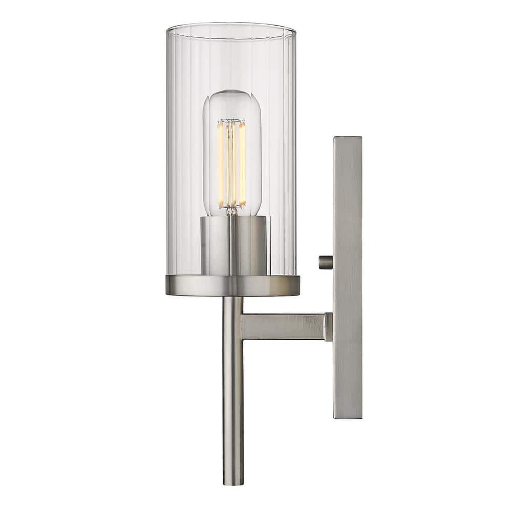 Pewter Cylinder Transitional Wall Sconce with Clear Glass Shade