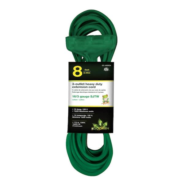 GoGreen Power 8 ft. 16/3 3-Outlet Heavy Duty Extension Cord, Green
