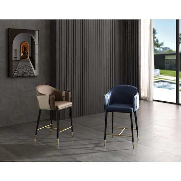 Calderon Modern 26 in. Brown and Beige Metal Counter Stool with Leather Seat